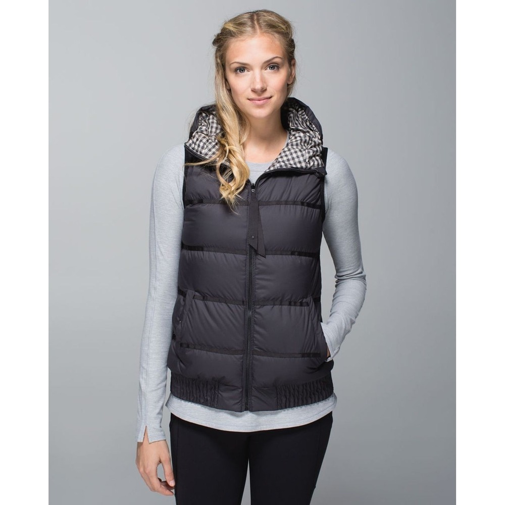 Lululemon Chilly Chill Puffy Vest Women's 4 Black/Gingham Reversible Zip Hooded